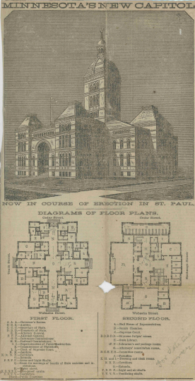 Scan of Buffington's drawing and floor plan of the first and second floors of the second State Capitol Building, which appeared in the St. Paul Daily Pioneer Press, August 29, 1881.