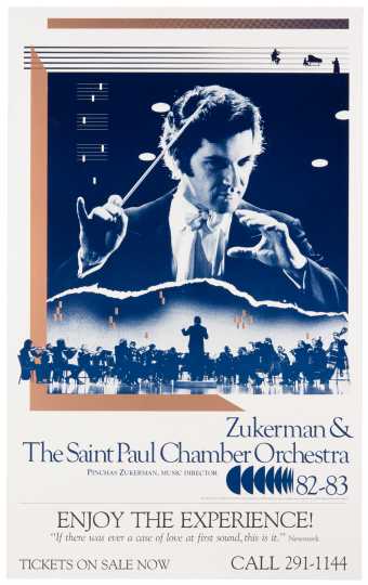 Color poster of violinist and conductor Pinchas Zukerman and the St. Paul Chamber Orchestra, ca. 1980–1987.