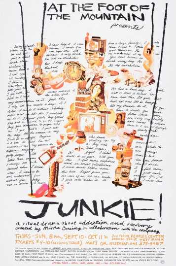 Poster for At the Foot of the Mountain Theatre’s production of Junkie!, 1981.