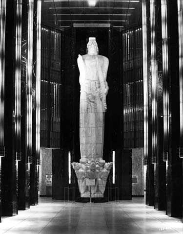 Black and white photograph taken by Norton and Peel on September 12, 1938 of Carl Milles's "God of Peace" statue inside the St. Paul City Hall and Ramsey County Courthouse.