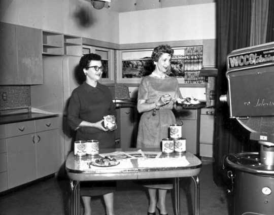 Black and white photograph of a food demonstration for WCCO-TV, 1957.