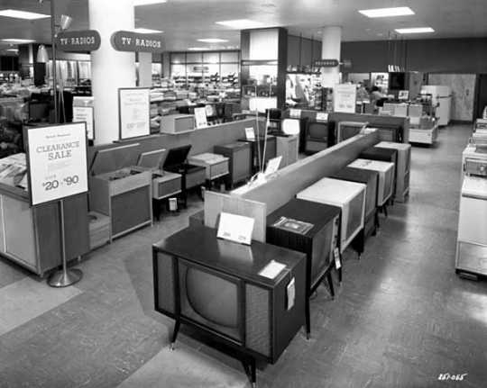 Black and white photograph of Television, radio and phonograph department, Dayton's Southdale store, 1958.