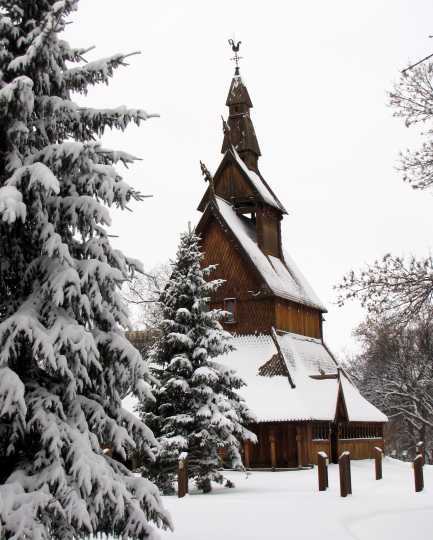 Hopperstad Stave Church replica, winter
