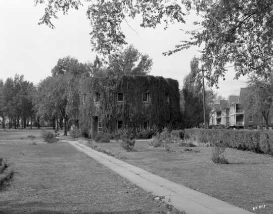 Black and white photograph of the Round tower covered in vegetation,1935. Photographed by Norton and Peel. 
