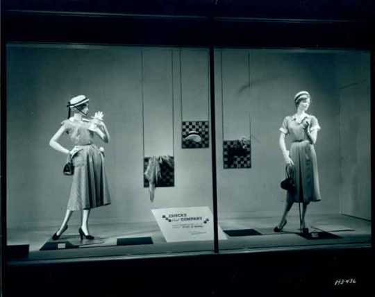 Black and white photograph of a window display of dresses, Donaldson’s, 1950. Photograph by Norton & Peel.