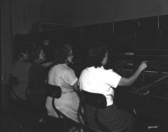 Black and white photograph of a switchboard at L. S. Donaldson Company, 1951. Photograph by Norton & Peel. 