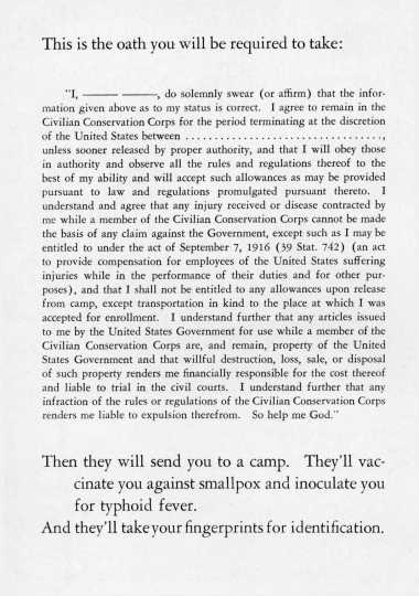 Black and white scan of the CCC Oath, from The CCC at work. A story of 2,500,000 young men, 1941.