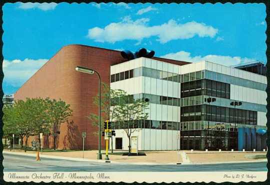 Colorized postcard of the Orchestra Hall exterior, c.1975.