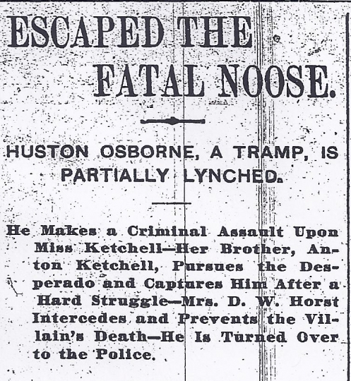 Black and white image of headline from the St. Paul Pioneer Press regarding the near-lynching of Houston Osborne, June 3, 1895. 