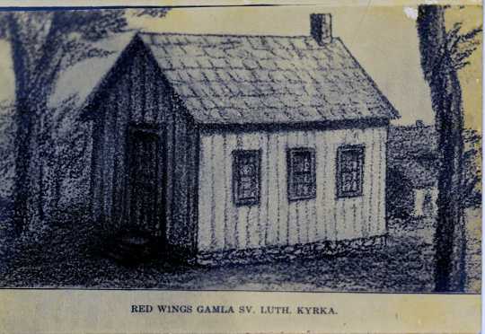Black and white photograph of Red Wing Gamla Sv. Lutheran Kyrka (Old Swedish Lutheran Church), birthplace of what would become Gustavus Adolphus College in 1862. [Undated image]