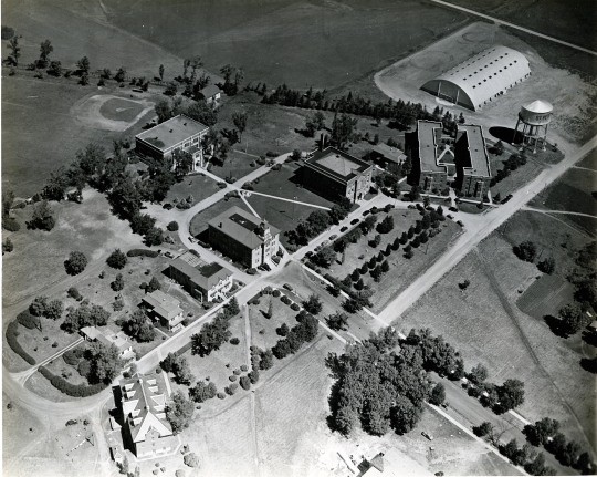 Black and white aerial view of Gustavus, 1940. Photograph donated by Bob Olson.