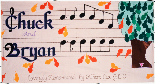 Color image of a quilt panel memorializing Chuck and Bryan, 1988.