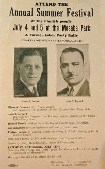 Color scan of a flyer advertising a Farmer-Labor Party rally held at Mesaba Park on July 5, 1936. 