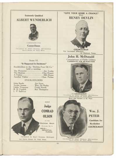 Five candidates for public office advertise their campaigns in a blackface minstrel show pamphlet. From the Minnesota Historical Society pamphlet collection, St. Paul.