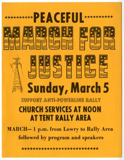 Peaceful March For Justice flyer, undated. The march was organized to protest the construction of power lines in rural Minnesota in the late 1970s or early 1980s. Used with the permission of Pope County Historical Society.