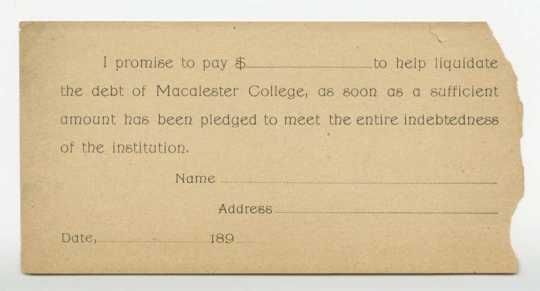 Photograph of Pledge Drive form for Macalester College, 1890