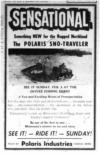 One of the earliest known Polaris newspaper advertisements. Bemidji Pioneer, February 2, 1957.