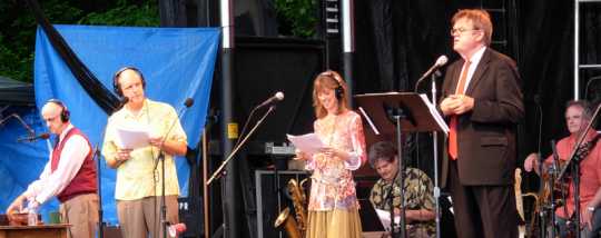 Sound effects artist Tom Keith, voice actors Tim Russell and Sue Scott, and Garrison Keillor perform during a live broadcast of A Prairie Home Companion from Lanesboro, Minnesota, in June 2007.
