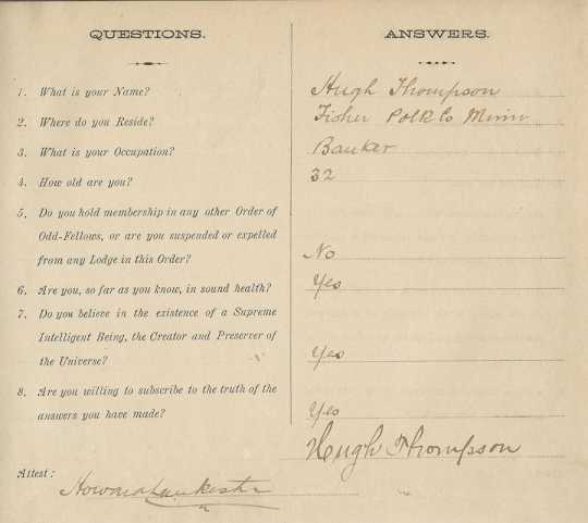 Color scan of an admission questionnaire for potential IOOF members answered by Hugh Thompson on March 22, 1913.