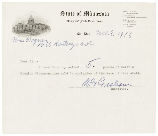 Receipt for illegal margarine seized from a St. Paul grocer, November 8, 1916. From the Davis, Kellogg & Severance Law Firm Records, 1878-1941, Minnesota Historical Society. 