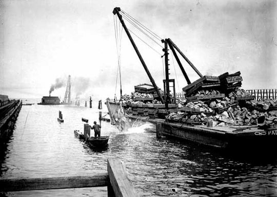 Rocks dropped from loaded barges, Duluth ship canal