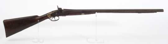 Color image of British percussion double barrel shotgun used by Rolette, c.1850–1871.