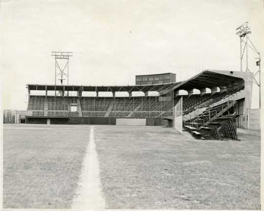 Municipal Stadium was the home of the Rox from 1948-1970. This photograph is taken down the third base line and shows the main grandstand and press box, c.1950. From the Stearns History Museum and Rearch Center, St. Cloud, and donor Ed Stockinger.
