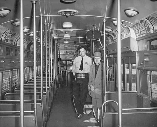 Black and white photograph of the interior of a President's Conference Committee (PCC) streetcar, September 5, 1953. Photographed by John Runk, Jr.