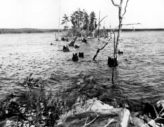 In the 1920s and 1930s, Ernest Oberholtzer documented flood damage associated with existing Rainy Lake dams in an attempt to prevent Edward Backus from constructing more dams, causing additional damage. This image documents damage related to a storage dam on Namakan Lake.
