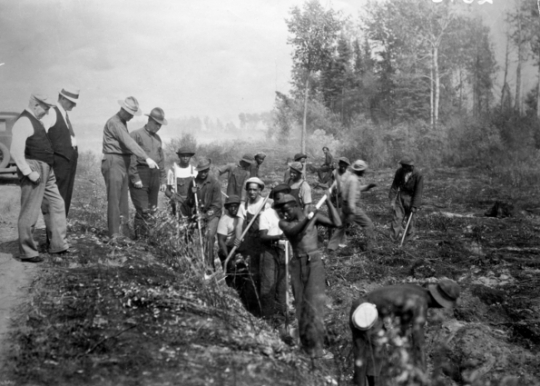 Black and white photograph of African American Civilian Conservation Corps fire fighters, northern Minnesota, ca. 1933. Photographed by the St. Paul Dispatch.