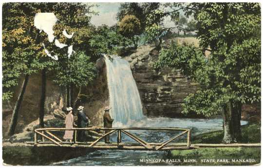 Colorized postcard of Minneopa Falls, Minnesota State Park, Mankato, Minnesota, ca. 1915.