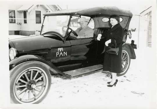 Samuel C. and Annie Pandolfo, in Pan Car, visiting St. Cloud, March 1956