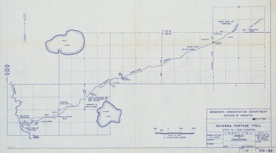 Map of Savanna Portage Trail, 1956. Minnesota Conservation Department, Division of Forestry. A3/0V5, Drawer 7, Folder 8. State Parks Maps and Drawings, Minnesota Division of Parks and Recreation. Government Records Collection, Minnesota Historical Society, St. Paul.