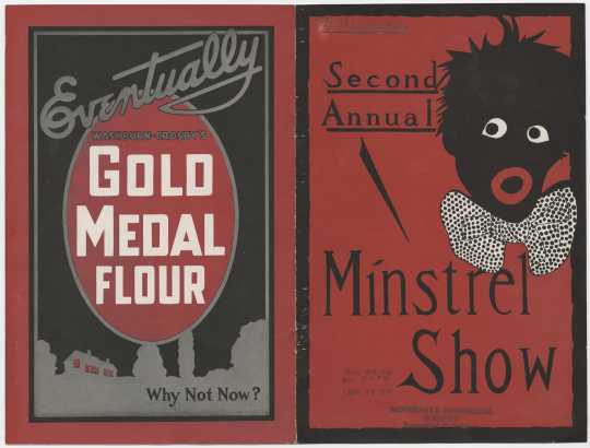 Front and back cover spread for a minstrel show featuring a Gold Medal Flour advertisement. This show was held at West High School auditorium in Minneapolis in an effort to raise money for the Fatherless Children of France. From the Minnesota Historical Society pamphlet collection, St. Paul.