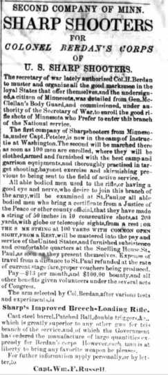 Northfield Telegraph, December 25, 1861. Recruiting advertisement placed by Captain William Russell for Colonel Berdan’s Corps of US Sharpshooters. Used with the permission of St. Olaf College Archives.