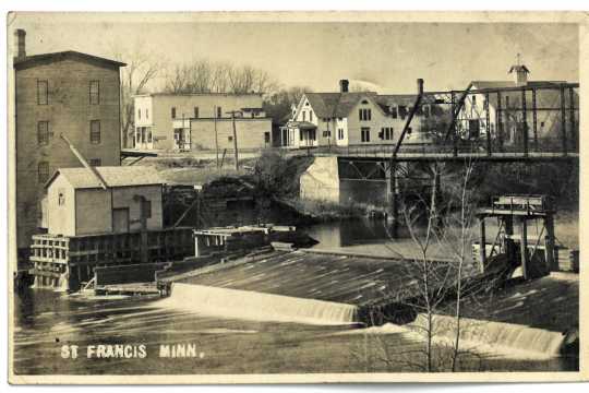 St. Francis, undated. The Riverside Hotel is visible in the middle background of the photograph, to the left of the bridge. Anoka County Historical Society, Object ID# 2056.1.4. Used with the permission of Anoka County Historical Society.