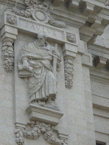 Color image of a relief statue of St. Paul carved by Leon Hermant for the exterior of the Cathedral of St. Paul. Photographed by Paul Nelson on July 10, 2014.