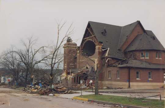 Photograph of a destroyed church after the St. Peter Tornado.