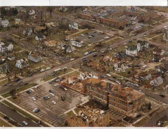 Aerial view of St. Peter showing massive destruction caused by the tornado.