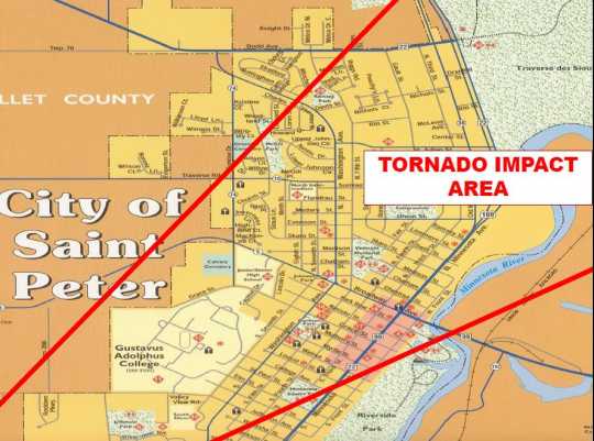 Map showing the path of the St. Peter Tornado. 