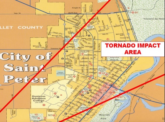 Map showing the path of the St. Peter Tornado. 