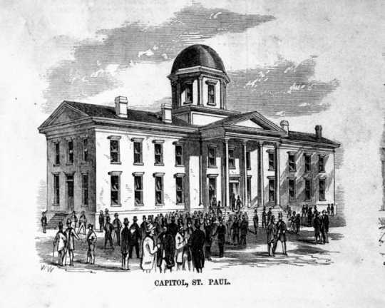 Black and white engraving of the first capitol building