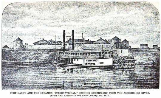 Black and white photograph of the steamer International at Fort Garry, looking northward from the Assiniboine River, 1870. 