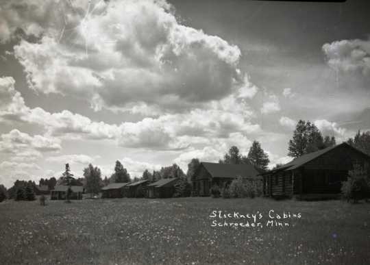 Black and white photograph of Stickney’s Cabins, ca. 1936. 