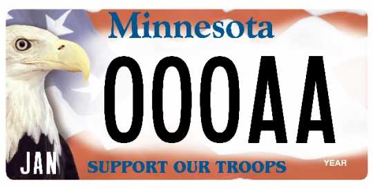 Color image of Minnesota "Support Our Troops" license plate featuring Harriet, a bald eagle ambassador from the National Eagle Center.