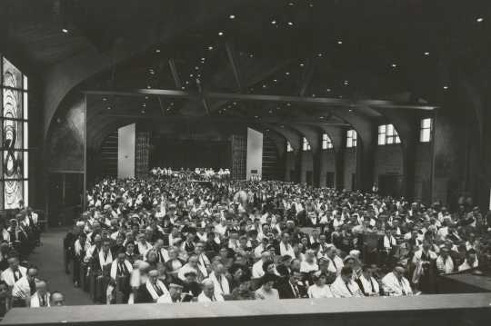 Black-and-white photograph of the interior of the Temple of Aaron during a worship service c.1960.