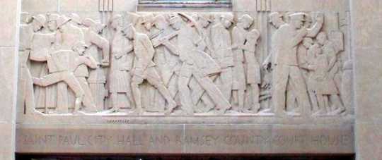 One of the panels of Lee Lawrie's "Voice of the People" relief sculpture over the north entrance of the St. Paul City Hall and Ramsey County Courthouse. Photographed by Paul Nelson on June 1, 2008.