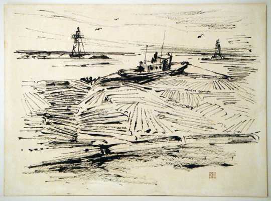 Black and white drawing of logs in the water, with a boat and a lighthouse in the background.