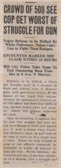 Headline and text of an article (“Crowd of 500 See Cop Get Worst of Struggle for Gun”) published in the Northwestern Bulletin, an African American newspaper based in St. Paul, on June 24, 1922. Public domain.