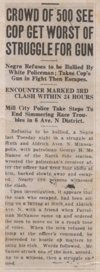 Headline and text of an article (“Crowd of 500 See Cop Get Worst of Struggle for Gun”) published in the Northwestern Bulletin, an African American newspaper based in St. Paul, on June 24, 1922. Public domain.